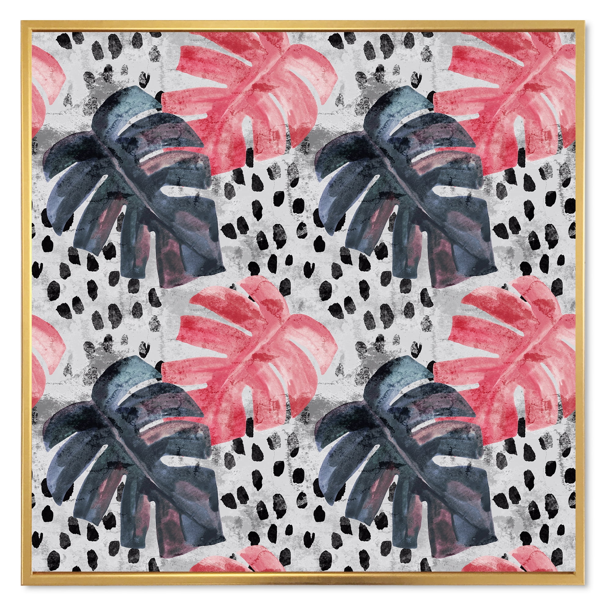 Black and Red Monstera On Rough Brush Strokes I 30 in x 30 in Framed Painting Canvas Art Print, by Designart