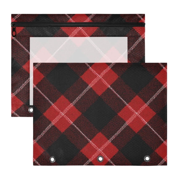 Black and Red Plaids White Lines 3-Ring Binder Pouches A4 Size Zipper Pocket File Storage 2 Packs