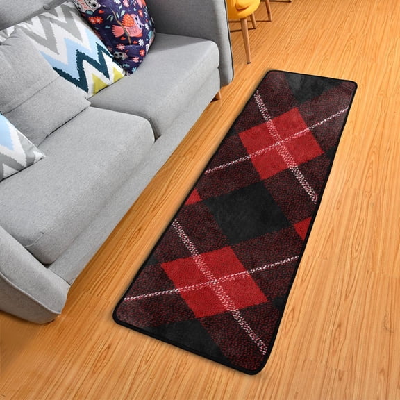 Black and Red Plaids White Lines Long Floor Mat Runner Rug Area Mat Noise Reduction Water Absorbent Non-Slip 72" x 24"