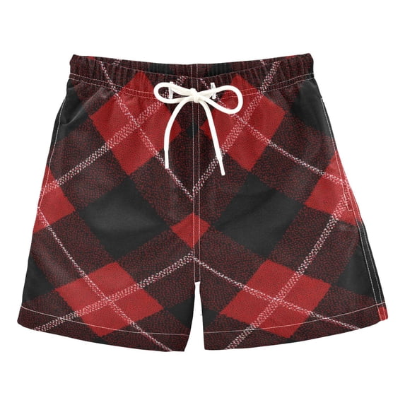 Black and Red Plaids White Lines Swim Trunks Board Shorts Beach Pants Bathing Bottoms L