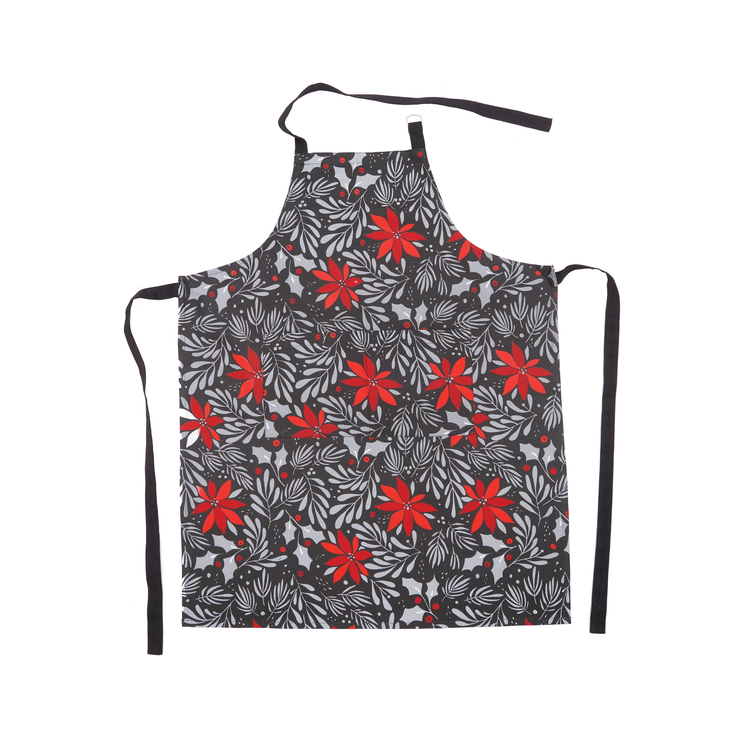 Black and Red Poinsettia Christmas Cotton Cooking Apron, One Size Fits Most