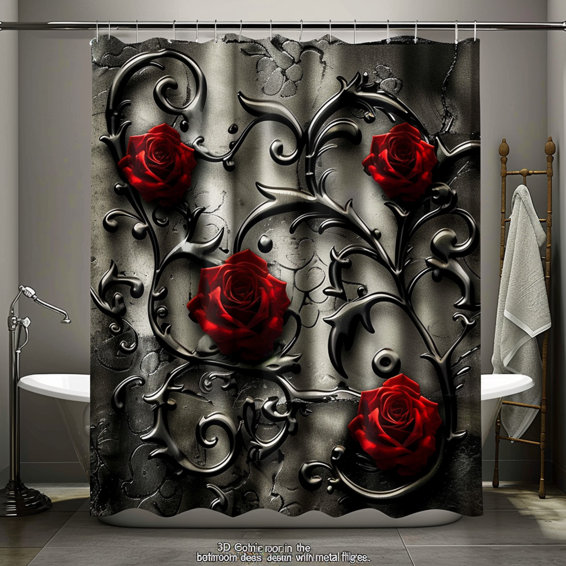 Black and Red Rose Gothic Shower Curtain with Intricate Metal Filigree