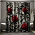 Black and Red Rose Gothic Shower Curtain with Intricate Metal Filigree