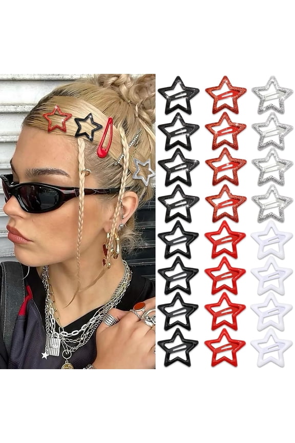 Black and Red Sequin Star Hair Clips, 24 Pack Y2K Metal Snap Barrettes for Women, Cute Goth and Emo Aesthetic Hair Accessories