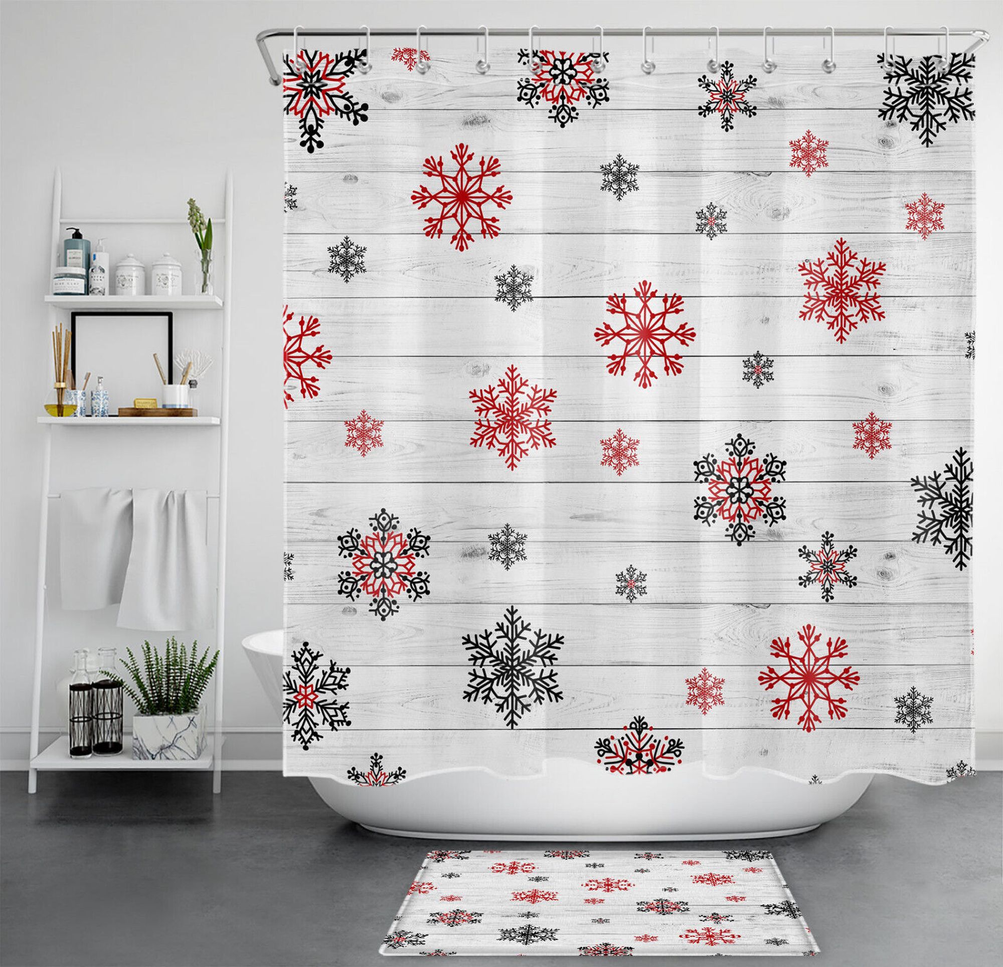 Black and Red Snowflake Shower Curtain Set Retro Chic Christmas Decor
