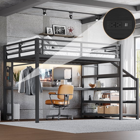 Black and Rust Queen Loft Bed with Desk and Storage Stairs Metal Loft Beds with LED – Steel, Cozy, Modern Style, LED Light, Multifunctional, for