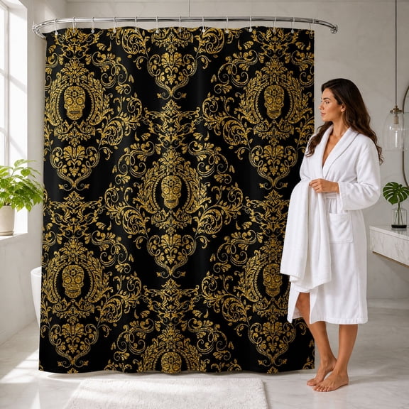 Black and Shower Curtain with Vintage Damask Pattern, 71 In, for Bathroom, Halloween Decoration