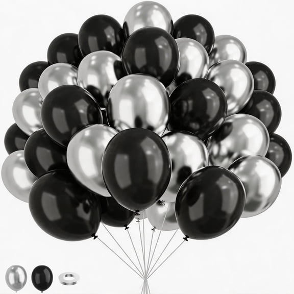 Black and Silver Balloons, 67pcs 12 Inch Metallic Chrome Silver and Black Balloons for Birthday Baby Shower Wedding Engagement Party Decorations