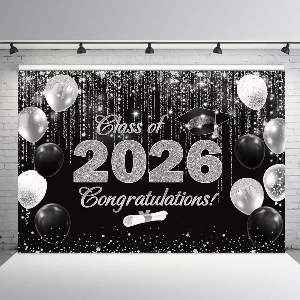 Black and Silver Congrats Grad Backdrop Class of 2026 Graduation ...