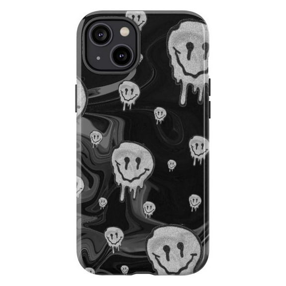 Black and Silver Dripping Smiley Faces Phone Case, Dual Layer Protective Phone Cover, Edgy Grunge Gift for iPhone 16 15 14 13 12 11 Pro Plus Mini