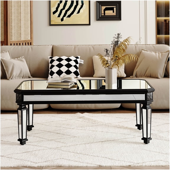 Black and Silver Mirrored Coffee Table with Vintage Carved Wood Base, Modern Glass Center Table for Living Room