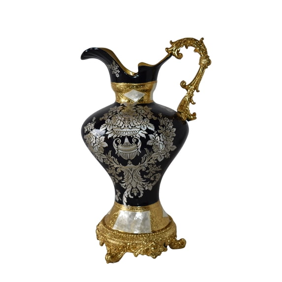 Black and Silver Rounded Hydria Resin Vase Size: 11" x 8" x 18"H