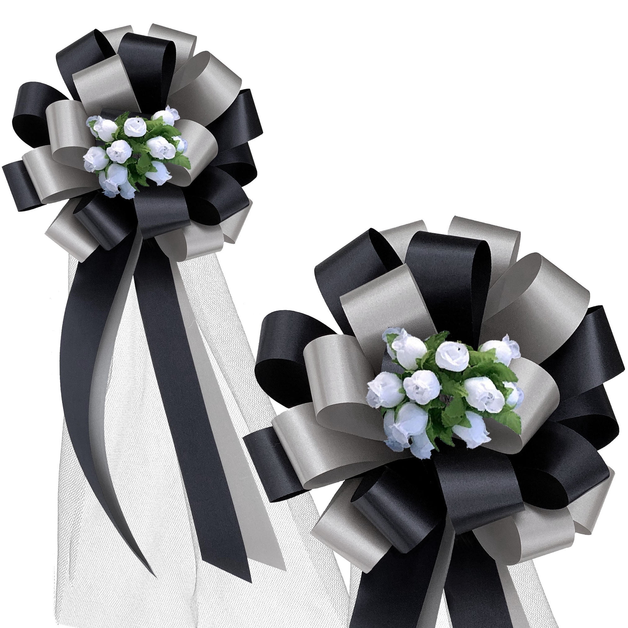 Black and Silver Wedding Pull Bows with Tulle Tails and Rosebuds - 8" Wide, Set of 6, Christmas, Anniversary, Reception