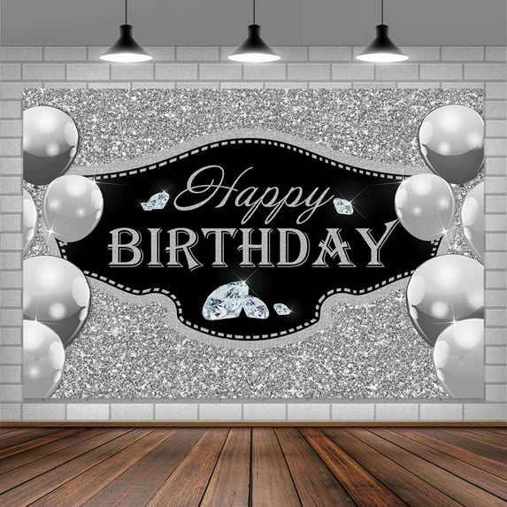 Black and Sliver Backdrop Diamond and Sequin Birthday Banner Backdrop Happy Birthday Banner Photo Backdrop 7X5FT