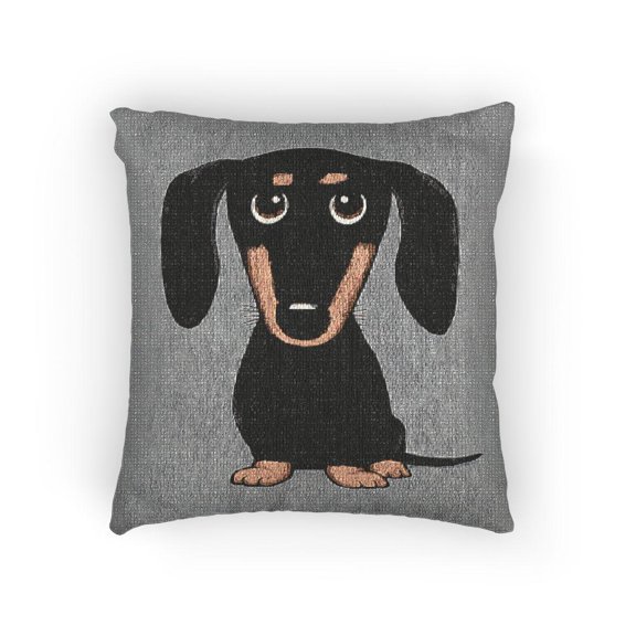 Black and Tan Cartoon Dachshund on Gray Decorative Woven Pillow, 17 x 18 in, Sofa Accent