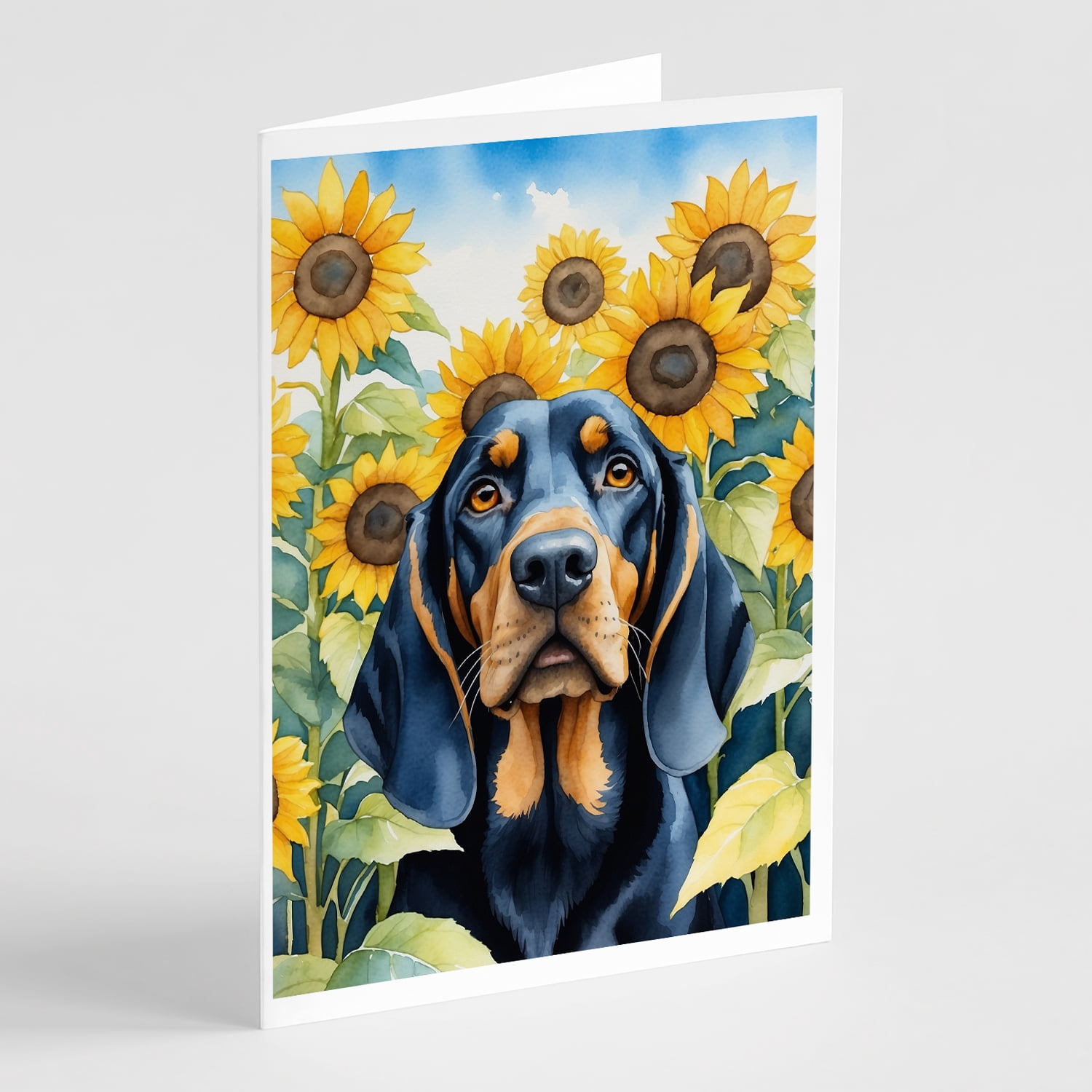 Black and Tan Coonhound in Sunflowers Greeting Cards Pack of 8 7 in x 5 in