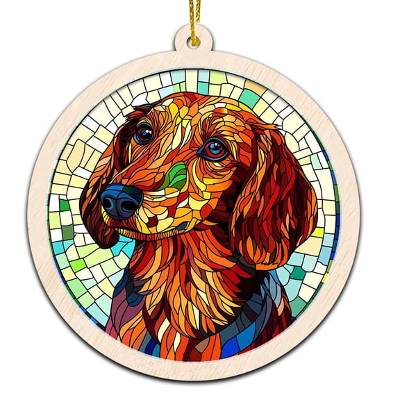 Black and Tan Daschund Stained Glass Suncatcher Ornament Text Christmas 2025 Tree Decoration Gift for Family, Friends, Man & Woman
