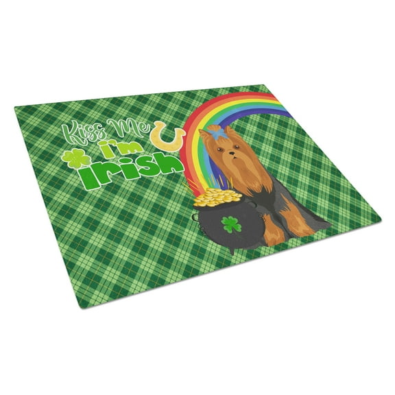 Black and Tan Full Coat Yorkshire Terrier St. Patrick's Day Glass Cutting Board Large 12 in x 15 in