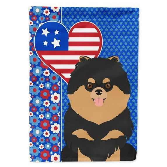 Black and Tan Pomeranian USA American Flag Garden Size