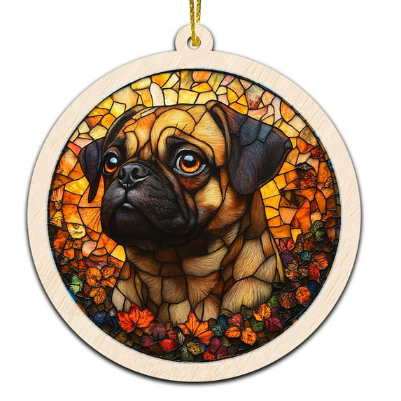 Black and Tan Pug Stained Glass Suncatcher Ornament – Holiday Ornament with Text for Loved Ones, Family & Friends, Christmas 2025 Decoration