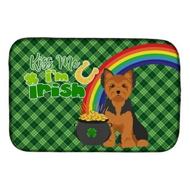 Black and Tan Puppy Cut Yorkshire Terrier St. Patricks Day Dish Drying Mat
