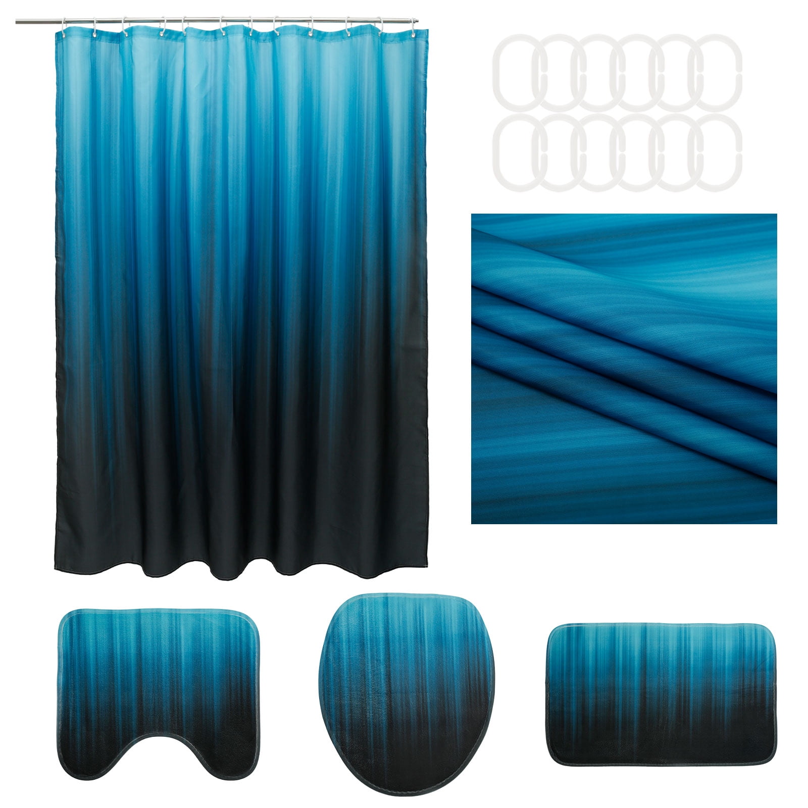 Black and Teal Ombre Shower Curtain Set with Rug, 16pc Modern Bathroom Decor Set, 72" x 72"
