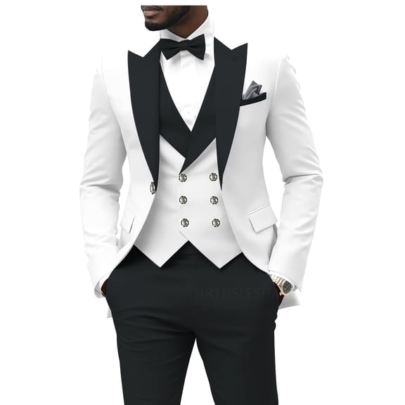 Black and White 3 Piece Tuxedos Mens Double Breasted Suits for Wedding Prom Formal Suit XS