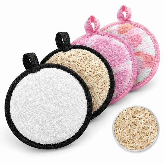 Black and White 4 Count Dual-Sided Shower Loofah Scrubber Set