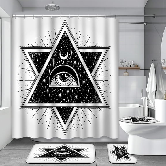 Black and White 4 Pcs Shower Curtain Sets with Rugs, Occultism Bathroom Sets with Shower Curtain and Rugs, All Seeing Eye Bathroom Decor, BRFCNF37