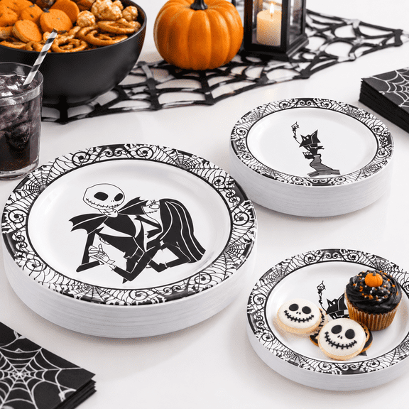 Black and White 60-Count Plastic Party Plates with Spooky Ghost Bride and Spiderweb Designs