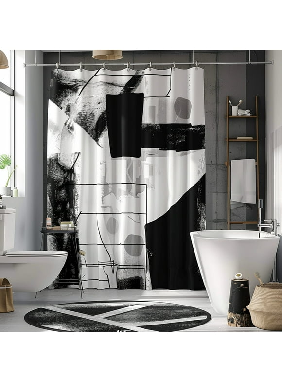 Black and White Abstract Art Bathroom Curtain with Geometric Shapes Modern Home Decor Photo Sony A7 III