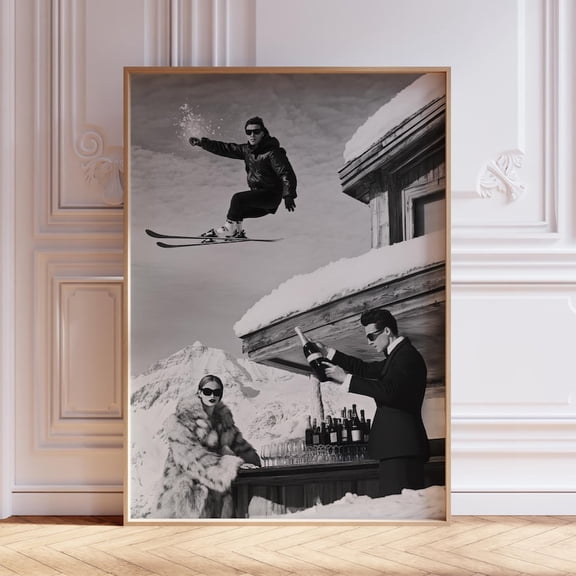 Black and White Après Ski Wall Art, Vintage Retro Ski Decor – 8x12 UNFRAMED