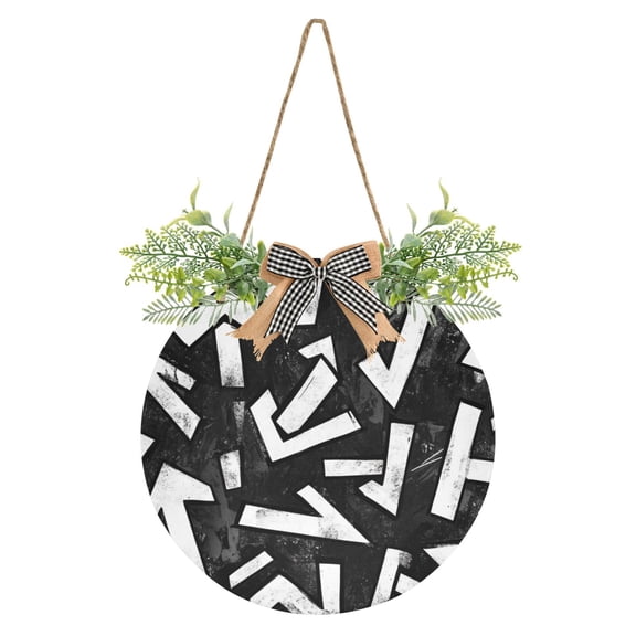 Black and White Arrowhead Graffiti Front Door Porch Decoration Hanging Sign with Artificial Green Plants and Bow for Home Outdoor Indoor