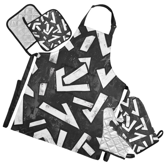 Black and White Arrowhead Graffiti Oven Mitts and Pot Holders with Chef Apron Set 5 Pcs Kitchen Cooking Set