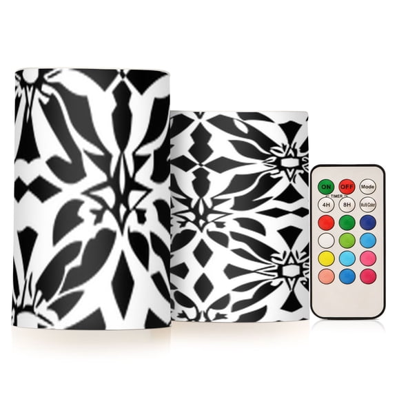 Black and White Art Pattern Flickering Flameless Candles Battery Operated with Remote Timer LED Pillar Candles Set of 2