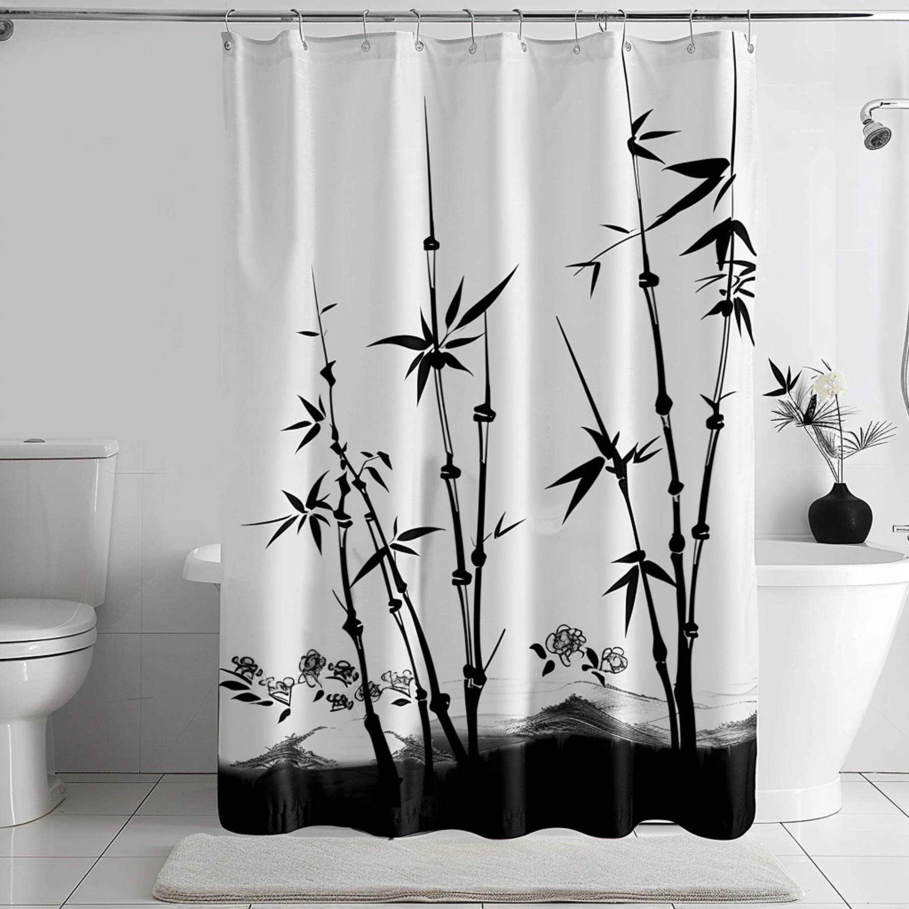 View of Black and White Bamboo Ink Painting Style Shower Curtain Minimalist ...