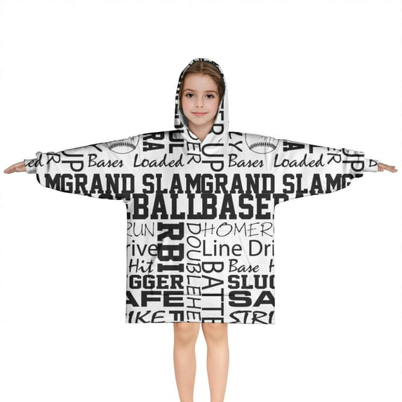 Black and White Baseball Words Pattern Blanket Hoodies for Kids 6-13YR Oversize Wearable Blanket Hoodies for Boys Girls Teens