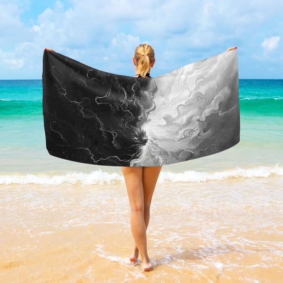 Black and White Beach Towel Camping Towel Microfiber Oversized 37" x 74" Absorbent for Seaside Camping Swimming Fitness