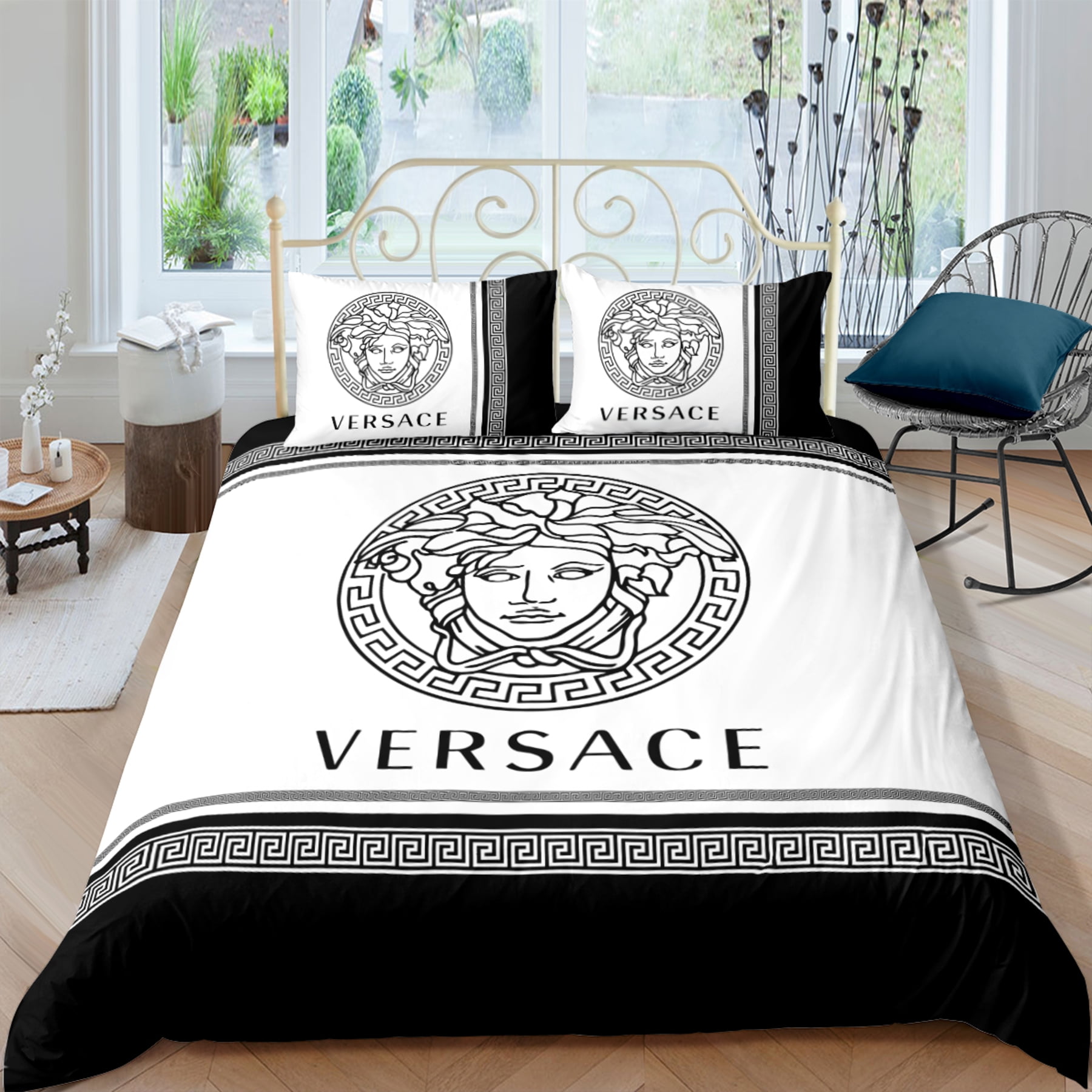 Black and White Bedding Set Luxurious Duvet Cover with Greek Key Design