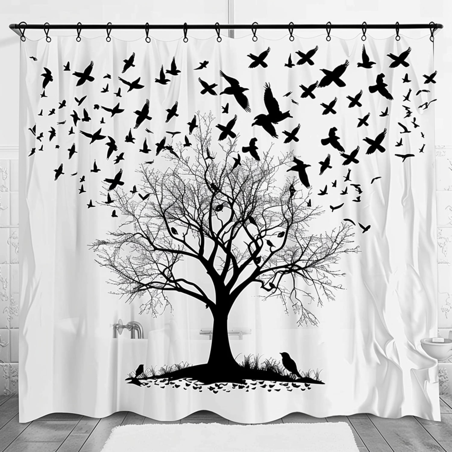 Black and White Bird Silhouette Shower Curtain Bathroom Decor with Tree