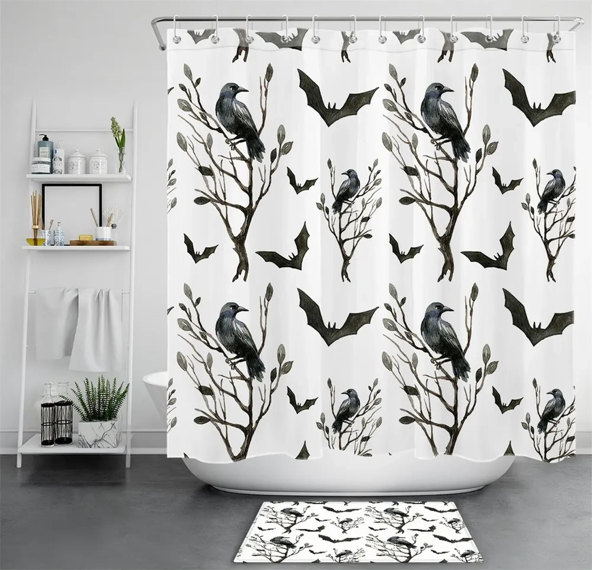 Black and White Bird and Bat Silhouettes on Twig Branches Shower