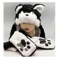 thumbnail image 1 of Black and White Blue-Eyed Wolf Plush Hat With Connected Paw Mittens, 1 of 1