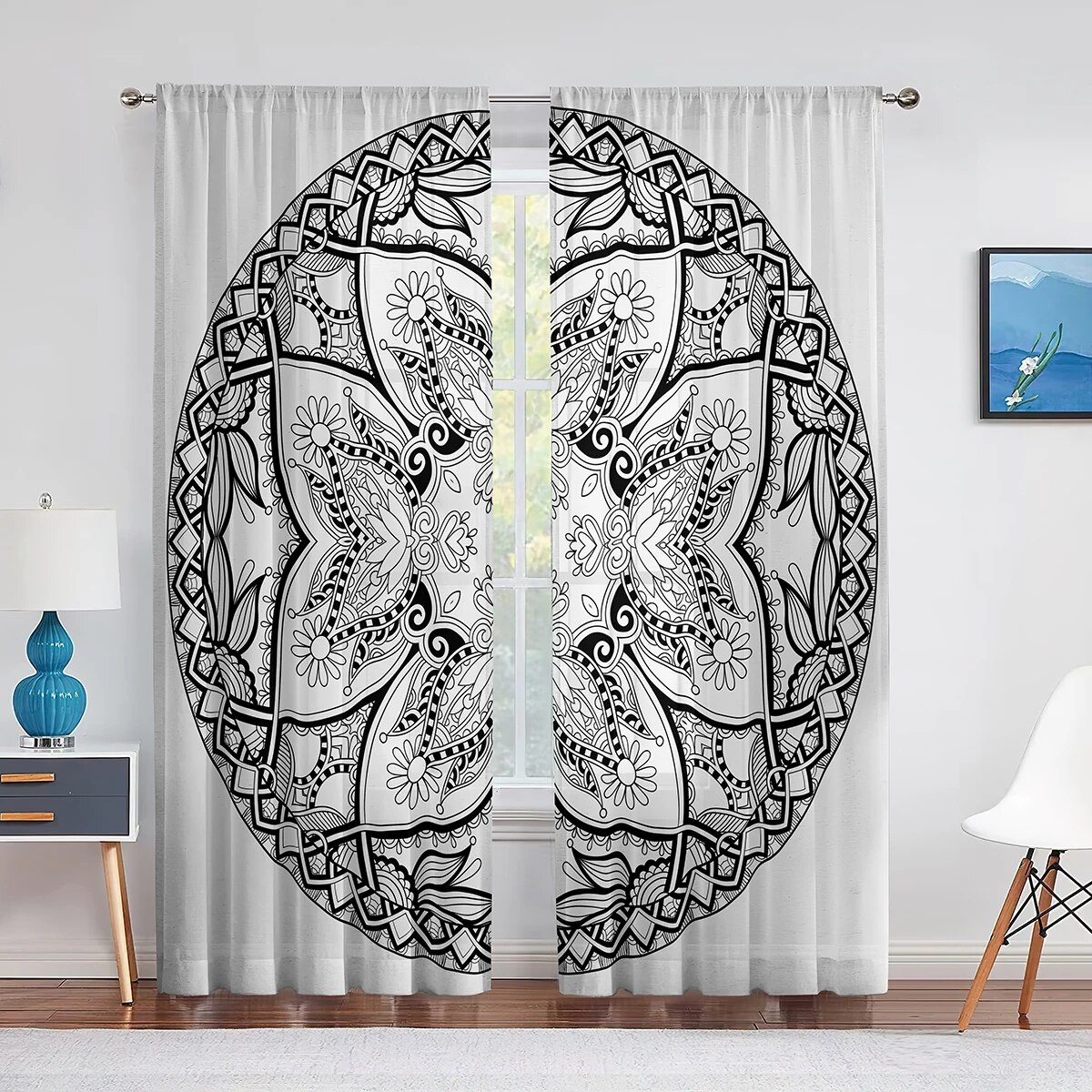 Black and White Boho Mandala Pattern Tulle Curtains for Living Room ...