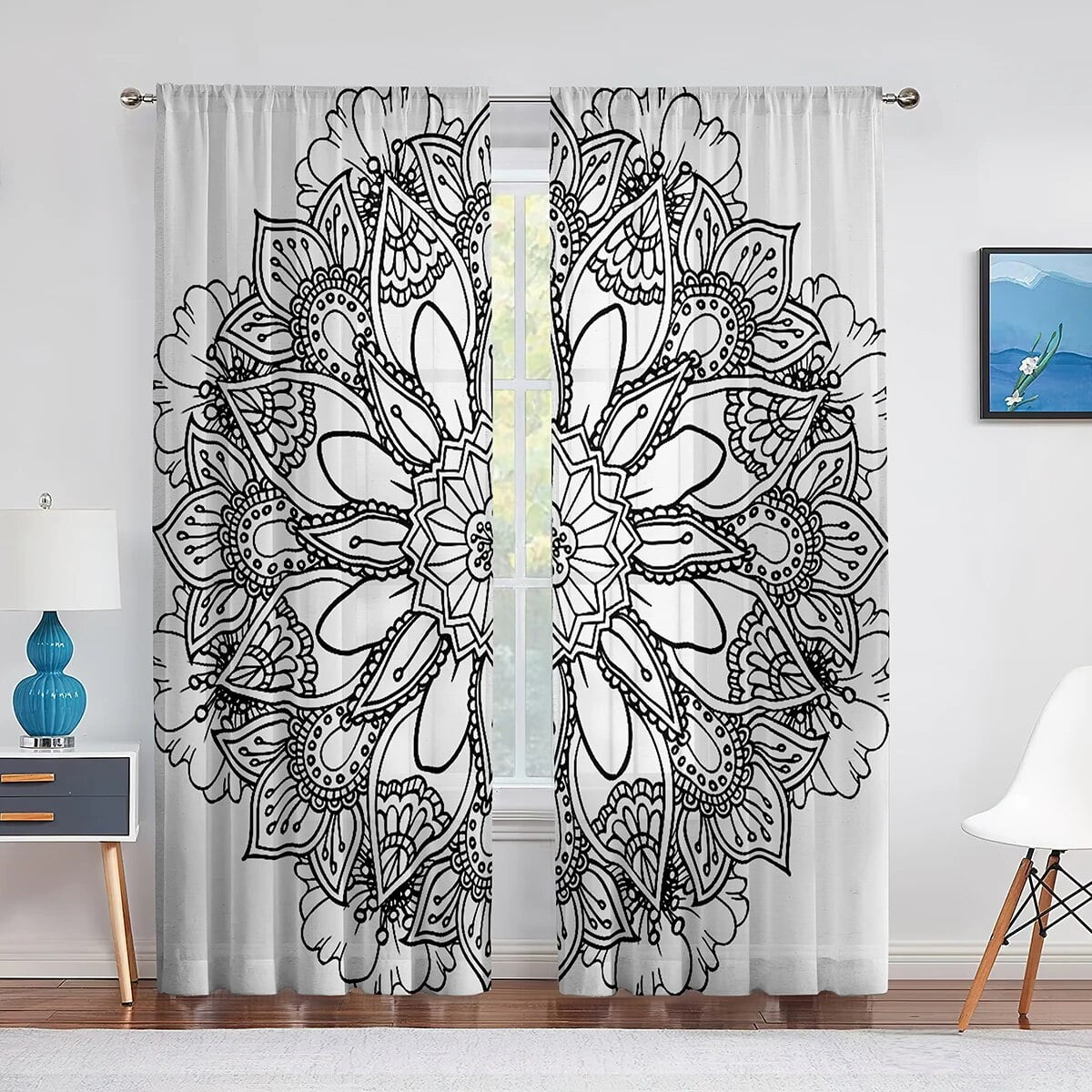 Black and White Boho Mandala Pattern Tulle Curtains for Living Room ...
