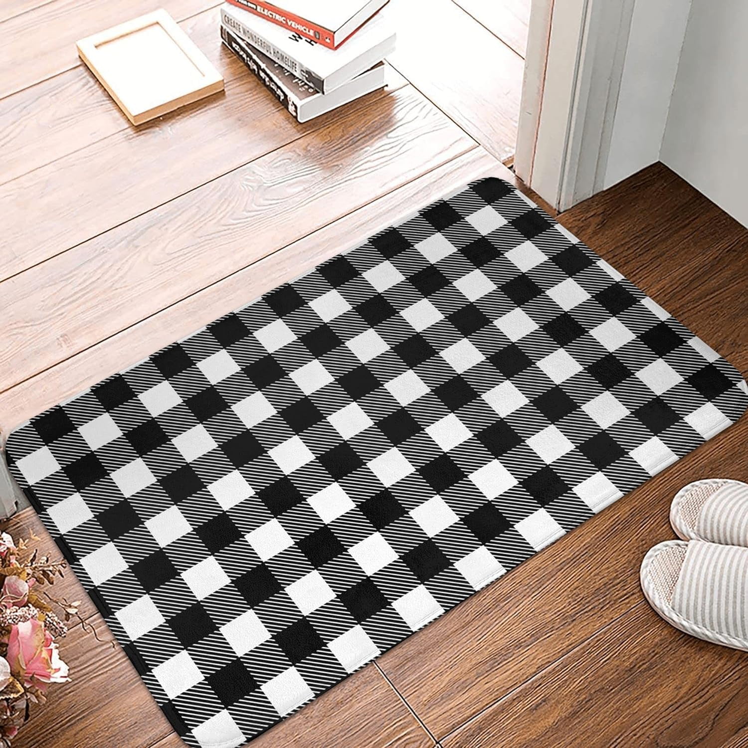 Black and White Buffalo Check Plaids Bathroom Rug Bath Mat, Absorbent