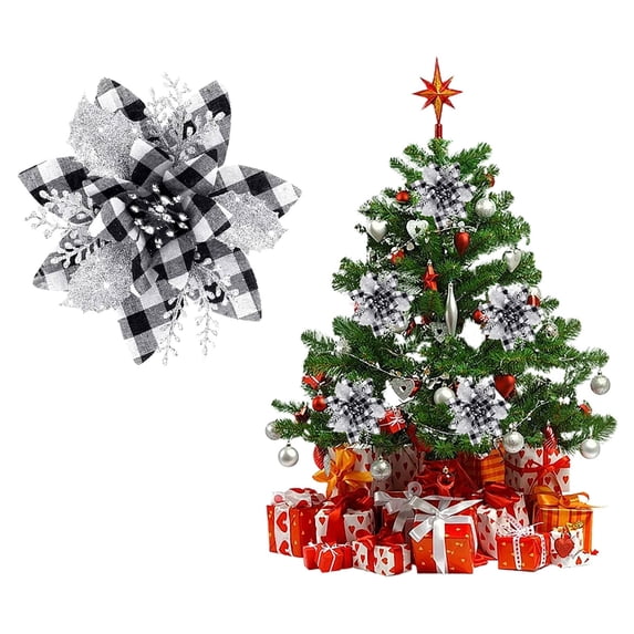 Black and White Buffalo Plaid Christmas Flower Pick, Artificial Glitter Poinsettia Ornament for Christmas Tree, Wreath, Garland and Holiday Decor