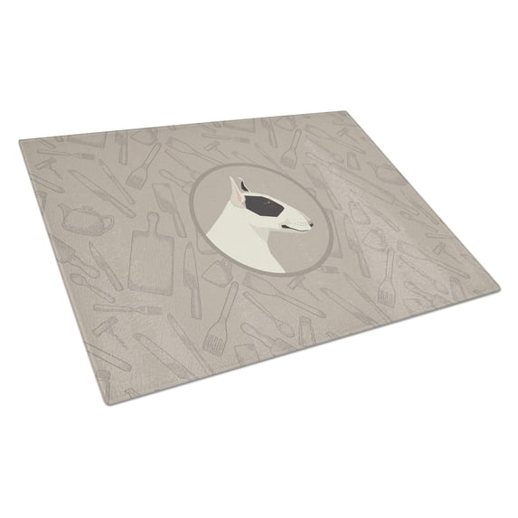 Black and White Bull Terrier In the Kitchen Glass Cutting Board Large