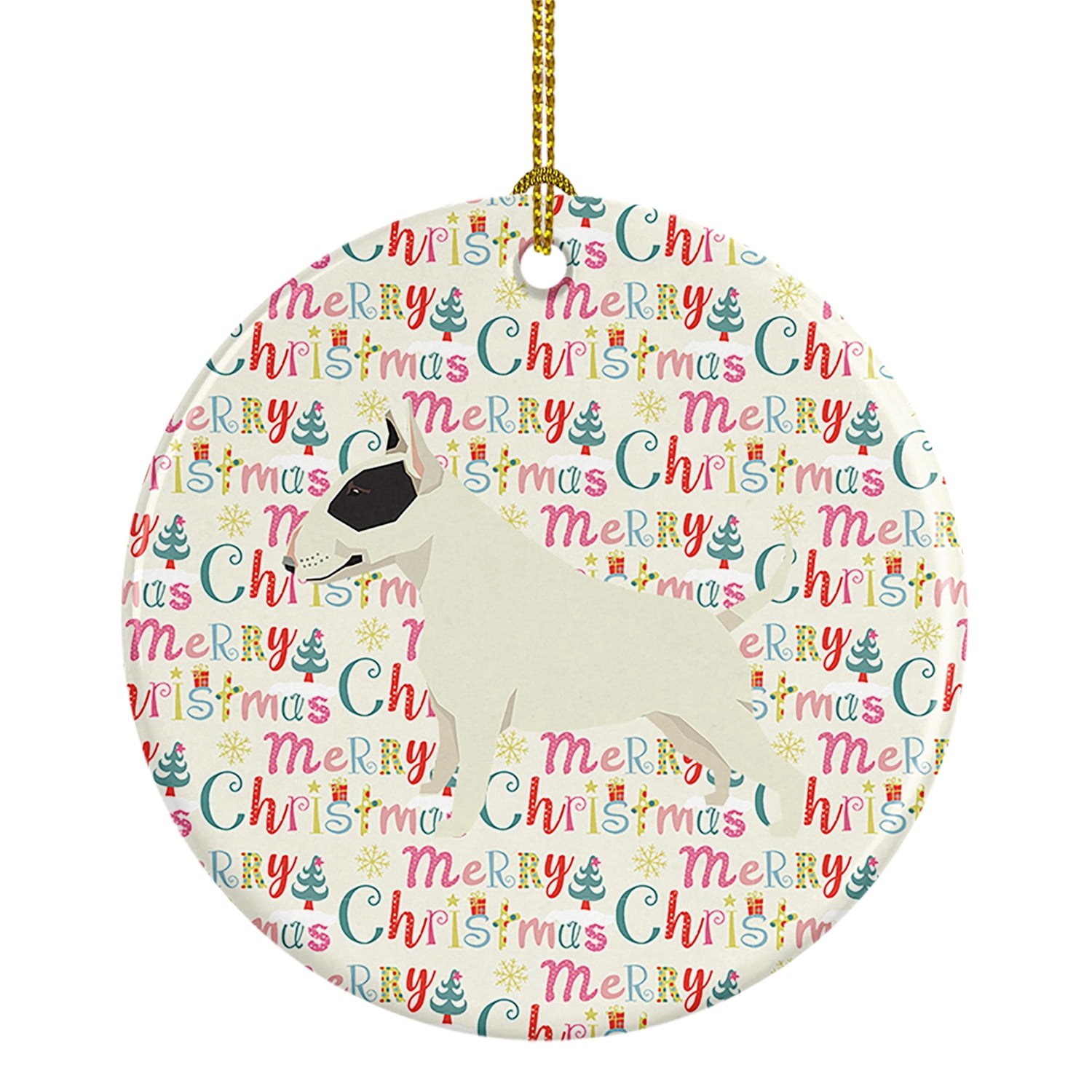Black and White Bull Terrier Merry Christmas Ceramic Ornament 2.8 in x 2.8 in