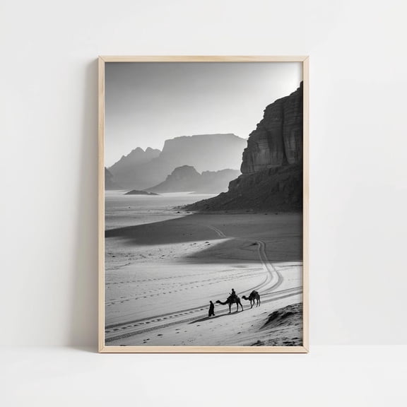 Black and White Camel Desert Landscape Wadi Rum Photography, Stretched Canvas Size 16x24