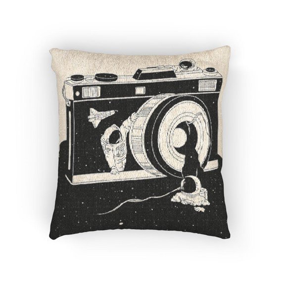 Black and White Camera and Astronauts Decorative Woven Pillow, Cotton-Polyester Shell, Space Theme, 17 x 18 in